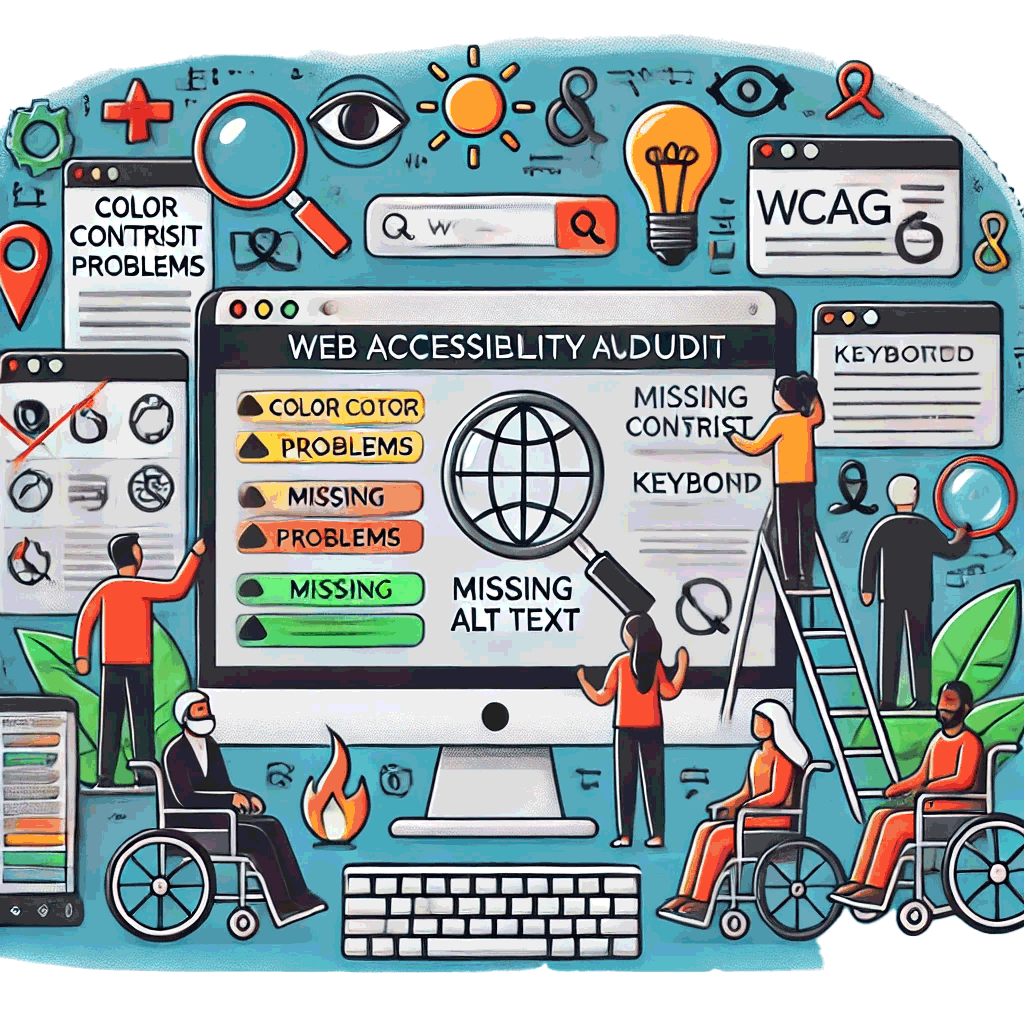 Cartoon Collage von mehreren Menschen, die sich an einem W C A G Audit beteiligen.